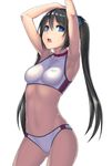  armpits arms_up bare_arms black_hair blue_eyes breasts cowboy_shot eyebrows_visible_through_hair hair_between_eyes hair_ribbon katagiri_(a1466502) long_hair looking_at_viewer medium_breasts midriff no_navel open_mouth original ribbon simple_background sleeveless solo sports_bikini sportswear twintails very_long_hair white_background 