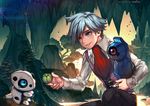  aron artist_name ascot beldum berries blue_eyes bonsai gen_3_pokemon jewelry kawacy lum_berry nature pokemon pokemon_(creature) pokemon_(game) pokemon_oras ring short_hair silver_hair smile squatting stalactite tsuwabuki_daigo vest 