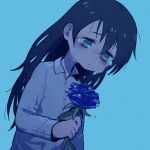  1girl black_hair blue_background blush collared_shirt crying flower green_eyes highres holding holding_flower long_hair long_sleeves looking_down original rose shirt snot solo takurada tears 