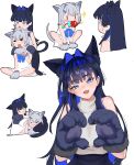  :3 absurdres animal_hands bare_shoulders blue_eyes boros_(ouro_kronii) bow cat_girl cat_paws dress fang hair_intakes highres hololive koizumi_arata medium_hair mr._squeaks_(hakos_baelz) otoko_no_ko ouro_kronii personification pointy_ears skin_fang snake_tail tail white_dress 