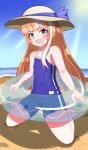  1girl akikawa_yayoi_(umamusume) beach blue_eyes blue_one-piece_swimsuit blue_sky competition_school_swimsuit covered_navel day flat_chest hat highres horizon kneeling long_hair multicolored_hair ocean one-piece_swimsuit open_mouth orange_hair outdoors school_swimsuit single_vertical_stripe sky smile solo sun sun_hat swimsuit tracen_swimsuit transparent_innertube two-tone_hair umamusume white_hair white_hat yakumoshi 