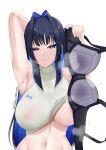  1girl absurdres amai-pai areola_slip arm_up armpits black_bra black_hair blue_eyes blue_hair bra breasts clothes_lift colored_inner_hair commentary_request hair_intakes highres holding holding_bra holding_clothes holding_underwear hololive hololive_english large_breasts looking_at_viewer multicolored_hair ouro_kronii see-through see-through_shirt shirt shirt_lift simple_background sleeveless sleeveless_shirt solo steam two-tone_hair underwear virtual_youtuber white_background white_shirt 
