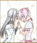  akemi_homura black_hair bow choker gloves hair_bow hairband hands_together kaname_madoka long_hair magical_girl mahou_shoujo_madoka_magica multiple_girls oda_takayuki pink_eyes pink_hair purple_eyes short_hair short_twintails smile twintails white_gloves yuri 