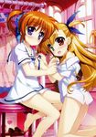  absurdres barefoot blonde_hair blush brown_hair fujima_takuya heterochromia highres long_hair lyrical_nanoha mahou_shoujo_lyrical_nanoha_innocent mahou_shoujo_lyrical_nanoha_vivid multiple_girls no_pants open_mouth private_kaisei_elementary_school_uniform scan school_uniform shirt smile takamachi_nanoha time_paradox twintails vivio white_shirt 