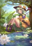  1girl absurdres arua black_hat bow buttons day diamond_button eyeball flower foliage frilled_shirt_collar frilled_sleeves frills green_eyes green_hair green_skirt hat hat_bow heart heart_of_string highres holding holding_flower komeiji_koishi lily_pad long_sleeves open_mouth outdoors reflection reflective_water shirt sitting skirt smile solo thighs third_eye touhou tree water water_lily_flower white_flower wide_sleeves yellow_bow yellow_shirt 