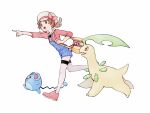  :d bag bayleef blue_overalls bow brown_eyes brown_hair cabbie_hat full_body hat hat_bow highres lyra_(pokemon) marill open_mouth overalls pointing pointing_forward pokemon pokemon_(creature) pokemon_hgss red_bow red_footwear red_shirt running shirt shoes shoulder_bag sleeves_past_elbows smile tan_carbonnn thighhighs twintails white_background white_hat white_thighhighs yellow_bag 
