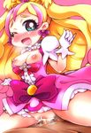  1girl ;o aqua_eyes blonde_hair blush bow breasts breasts_outside cure_flora deep_penetration earrings eyebrows gloves go!_princess_precure happy_sex haruno_haruka hetero jewelry long_hair medium_breasts multicolored_hair nekoyuu nipples no_nose one_eye_closed penis pink_background pink_bow pink_hair precure puffy_short_sleeves puffy_sleeves pussy sex short_sleeves smile solo_focus spread_legs straddling streaked_hair thick_eyebrows two-tone_hair vaginal wince 