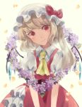  1girl ascot blonde_hair cowboy_shot crystal_wings dress flower_wreath hat hat_ribbon highres looking_at_viewer mob_cap poteimo_(poteimo622) puffy_short_sleeves puffy_sleeves red_dress red_eyes red_ribbon ribbon short_sleeves side_ponytail simple_background smile solo touhou white_background yellow_ascot 