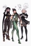  2b_(nier:automata) 3girls ankle_gun bayonetta bayonetta_(series) black_footwear black_hair black_hairband blue_eyes blunt_bangs bodysuit boots braid breasts eve_(stellar_blade) full_body glasses gloves green_bodysuit hairband ifragmentix lips long_hair long_legs medium_breasts multiple_girls nier:automata nier_(series) no_blindfold own_hands_together planet_diving_suit_(7th)_(stellar_blade) platform_footwear pod_(nier:automata) ponytail short_hair simple_background standing stellar_blade thigh_boots thighhighs twin_braids very_long_hair white_background white_gloves white_hair 