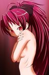  breasts covering covering_breasts highres long_hair mahou_shoujo_madoka_magica nude ponytail red_eyes red_hair sakura_kyouko sat-c sideboob small_breasts solo upper_body 