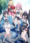  4girls absurdres after-school_sweets_club_(blue_archive) airi_(band)_(blue_archive) airi_(blue_archive) anger_vein animal_ears aqua_bow aqua_eyes asymmetrical_sidelocks black_choker black_footwear black_hair black_jacket black_skirt black_socks blonde_hair blue_archive blue_jacket bow bow_legwear cat_ears choker clothes_around_waist commentary_request full_body hair_bow hair_bun highres jacket jacket_around_waist kazusa_(band)_(blue_archive) kazusa_(blue_archive) kneehighs long_hair long_sleeves looking_at_another low_twintails mouth_hold multicolored_hair multiple_girls natsu_(band)_(blue_archive) natsu_(blue_archive) no_pupils official_alternate_costume official_alternate_hairstyle open_clothes open_jacket open_mouth outdoors pink_hair pink_skirt pizzasi red_eyes red_jacket shirt short_hair single_hair_bun skirt socks standing sweat thigh_strap twintails two-tone_hair white_shirt white_skirt white_socks yoshimi_(band)_(blue_archive) yoshimi_(blue_archive) 