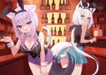  2girls ahoge animal_ear_fluff animal_ears bent_over black_bow blue_skirt blush bow braid breasts bunny_garden cat_ears cat_girl cat_tail cleavage commentary_request cup drinking_glass earrings fake_animal_ears fox_ears fox_girl fox_tail green_eyes hair_between_eyes hair_bow highres holding holding_cup hololive indoors jewelry large_breasts long_hair looking_at_viewer looking_back medium_breasts multiple_girls nekomata_okayu open_mouth parijennu222 pentagram pleated_skirt purple_eyes purple_skirt rabbit_ears shirakami_fubuki sidelocks single_braid skirt smile solo tail virtual_youtuber white_hair wine_glass wrist_cuffs 