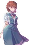  1girl arms_behind_back blue_skirt brown_eyes brown_hair closed_mouth commentary cosplay cowboy_shot english_commentary hand_on_own_arm highres light_blush looking_at_viewer medium_hair neck_ribbon neon_genesis_evangelion persona persona_3 red_ribbon ribbon school_uniform shirt shizuhanaart short_sleeves skirt solo souryuu_asuka_langley souryuu_asuka_langley_(cosplay) takeba_yukari tokyo-3_middle_school_uniform white_background white_shirt 