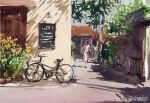  1girl bicycle dappled_sunlight day door flower nara_watercolor original outdoors painting_(medium) plant power_lines road shadow street sunlight traditional_media watercolor_(medium) yellow_flower 