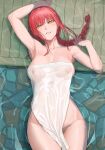  1girl absurdres ano_(gccx8784) arm_up braid braided_ponytail breasts chainsaw_man collarbone covered_nipples groin hand_up highres long_hair looking_at_viewer lying makima_(chainsaw_man) medium_breasts naked_towel on_back parted_lips red_hair solo towel water wet wet_towel yellow_eyes 