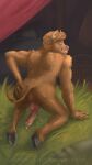  absurd_res anthro anus balls beard big_butt bison bodily_fluids bovid bovine butt european_mythology facial_hair fantasy genital_fluids genitals gorkha grass greek_mythology heroes_of_might_and_magic hi_res hooves horn horseshoe male mammal might_and_magic minotaur muscular mythology penis penis_backwards plant precum rear_view solo spread_legs spreading tail teeth ubisoft 