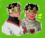  2boys absurdres arms_at_sides baseball_uniform black_hair black_shirt closed_mouth covered_eyes crown green_background grey_sweater happy highres male_focus matty_(radicallymaxton) multiple_boys off_(game) open_mouth shirt short_hair sparse_stubble sportswear sweater teeth the_batter_(off) upper_teeth_only zacharie_(off) 
