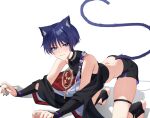  1boy animal_ears ass back black_nails black_shirt black_shorts blue_eyes blush cat_ears cat_tail chobonu closed_mouth crop_top genshin_impact hair_between_eyes highres looking_at_viewer male_focus purple_hair purple_tail scaramouche_(genshin_impact) shirt short_hair shorts solo tail white_background 