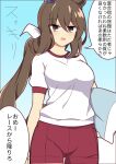  1girl admire_vega_(umamusume) alternate_eye_color animal_ears blue_background brown_eyes brown_hair commentary_request cowboy_shot ear_covers hair_between_eyes highres holding holding_pillow horse_ears horse_girl horse_tail long_hair open_mouth pillow ponytail purple_eyes red_shorts shirt short_sleeves shorts single_ear_cover smile solo speech_bubble tail translation_request umamusume very_long_hair wahiko_(black_bastard) white_shirt 