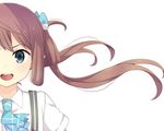 :d asagumo_(kantai_collection) bad_id bad_twitter_id blush brown_hair cravat floating_hair kantai_collection long_hair looking_at_viewer open_mouth round_teeth shirt simple_background smile solo suspenders teeth upper_body white_background white_shirt wind yukichi_(eikichi) 