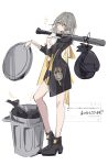  absurdres baseball_bat black_jacket blush grey_hair highres jacket medium_hair ren_(renjiyu) stelle_(honkai:_star_rail) trailblazer_(honkai:_star_rail) trash_bag trash_can white_background yellow_eyes 