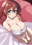  1girl bad_hands blush bra braid breasts brown_hair cleavage collarbone commentary_request emma_verde freckles green_eyes hair_between_eyes heart heart_in_eye highres lace lace-trimmed_bra lace-trimmed_panties lace_trim large_breasts lingerie looking_at_viewer love_live! love_live!_nijigasaki_high_school_idol_club low_twin_braids low_twintails lying navel on_side open_mouth panties pisagi sideways solo symbol_in_eye twin_braids twintails underwear underwear_only white_bra white_panties 