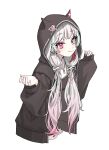  1girl black_hoodie black_shirt black_shorts earrings grey_eyes heterochromia highres hood hoodie ishigami_nozomi jewelry lakudaken long_hair looking_at_viewer nijisanji red_eyes shirt shorts simple_background solo very_long_hair virtual_youtuber white_background white_hair 