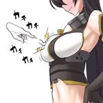  bare_shoulders black_hair blush breast_poke elbow_gloves gloves head_out_of_frame kantai_collection long_hair nagato_(kantai_collection) navel nirohi poking solo 