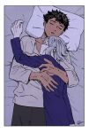  2boys bags_under_eyes bed black_hair closed_eyes cuddling curly_hair dark-skinned_male dark_skin dungeon_meshi elf grey_hair kabe_piko kabru long_sleeves lying lying_on_person male_focus mithrun multiple_boys notched_ear on_back on_bed on_person pillow pointy_ears shirt short_hair sleeping sleeping_on_person yaoi 