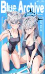  2girls absurdres ahoge animal_ear_fluff animal_ears bare_arms bare_legs bare_shoulders black_one-piece_swimsuit blue_archive blue_eyes blue_halo blush breasts cleavage closed_mouth collarbone competition_swimsuit cross_hair_ornament dark_halo dual_persona extra_ears grey_hair hair_between_eyes hair_ornament halo highres large_breasts li_se long_hair looking_at_viewer medium_hair mismatched_pupils multiple_girls official_alternate_costume one-piece_swimsuit open_mouth shiroko_(blue_archive) shiroko_(swimsuit)_(blue_archive) shiroko_terror_(blue_archive) swimsuit wolf_ears 