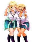  2girls :d ;d black_socks blonde_hair blue_eyes blue_skirt breasts cleavage clothes_around_waist commentary_request crossed_legs feet_out_of_frame glasses gradient_hair green_sweater grin gyaru hand_on_another&#039;s_shoulder hand_on_own_knee hand_up highres inukai_koharu kuzuryuu_hanako large_breasts leaning_forward long_hair multicolored_hair multiple_girls necktie one_eye_closed open_mouth orange_eyes pink_scrunchie pink_sweater salute school_uniform scrunchie short_hair simple_background skirt smile socks sogabe_toshinori standing striped_necktie sweater sweater_around_waist two-finger_salute v white_background yankee_jk_kuzuhana-chan 