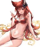  1girl ;d animal_ears anthuria bikini black_ribbon breasts commentary_request granblue_fantasy highres koretsuki_azuma looking_at_viewer medium_breasts navel one_eye_closed open_mouth red_bikini red_eyes red_hair ribbon simple_background smile solo swimsuit v white_background 