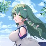  1girl absurdres bare_shoulders bra bra_peek breasts day detached_sleeves frog_hair_ornament green_eyes green_hair hair_ornament hair_tubes highres kochiya_sanae large_breasts long_hair open_mouth outdoors pink_bra smile snake_hair_ornament solo sugar_you touhou underwear upper_body white_sleeves wide_sleeves 