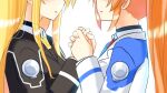  2girls blonde_hair couple eye_contact fate_testarossa happy holding_hands jacket kerorokjy long_hair looking_at_another lyrical_nanoha mahou_shoujo_lyrical_nanoha_strikers military_uniform multiple_girls orange_hair side_ponytail simple_background smile takamachi_nanoha tsab_air_military_uniform tsab_executive_military_uniform uniform very_long_hair white_background yuri 