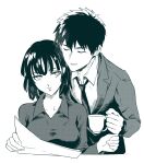  1boy 1girl black_hair black_necktie blunt_bangs closed_eyes closed_mouth commentary_request cup dress formal fubuki_(one-punch_man) greyscale highres holding holding_cup long_sleeves monochrome necktie one-punch_man saitama_(one-punch_man) shirt short_hair simple_background smile suit sylvie271 teacup white_background white_shirt 