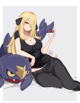  1girl absurdres arm_rest artist_logo black_pants black_shirt blonde_hair border breasts cleavage closed_mouth cynthia_(pokemon) denim garchomp grey_eyes hair_ornament hair_over_one_eye hand_up highres holding holding_poke_ball jeans large_breasts long_hair looking_at_viewer lying martin_the_master midriff_peek on_side pants poke_ball poke_ball_(basic) pokemon pokemon_dppt shirt short_sleeves solo stuffed_toy very_long_hair white_border 