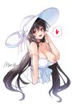  1girl :d absurdres bare_shoulders black_hair breasts choker dress hand_up hat heart highres iris_yuma long_hair looking_at_viewer maett nipples non-web_source red_eyes smile soulworker source_request spoken_heart sun_hat sundress upper_body white_dress white_hat 