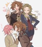  3girls :d anger_vein annoyed bad_id bad_pixiv_id black_shirt blue_eyes blue_jacket breasts brown_hair brown_jacket closed_eyes collared_shirt ensemble_stars! eye_contact facing_viewer furrowed_brow gatekeeper_(ensemble_stars!) genderswap genderswap_(mtf) green_hair hair_between_eyes hand_on_own_hip hand_up heart highres jacket korean_text long_hair long_sleeves looking_at_another looking_at_viewer medium_breasts meremero mikejima_madara multiple_girls multiple_views office_lady open_hand open_mouth oukawa_kohaku pencil_skirt pink_hair profile purple_eyes shirt short_hair skirt smile standing translation_request white_background white_shirt yellow_eyes 