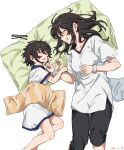  2girls absurdres black_hair black_pants blanket breasts closed_eyes dated glasses grin highres large_breasts long_hair lying momijiyama_mei momijiyama_teru multiple_girls on_side pants pillow shirt short_sleeves shy_(series) siblings simple_background sisters sleeping smile takatisakana teeth white_background white_shirt 