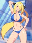  1girl arm_up bikini blonde_hair blue_bikini blurry blurry_background breasts cleavage closed_mouth cowboy_shot cynthia_(pokemon) floating_hair grey_eyes hair_ornament hair_over_one_eye hand_on_own_hip high_ponytail large_breasts long_hair madoka_(user_zrnk8278) navel pokemon pokemon_dppt pool rei_no_pool solo standing stomach swimsuit thighs very_long_hair 