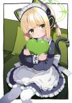  1girl animal_ear_headphones animal_ears apron black_dress blonde_hair blue_archive blush cat_tail dress fake_animal_ears feet_out_of_frame frilled_apron frilled_dress frills green_eyes green_halo halo headphones highres long_sleeves looking_at_viewer maid maid_apron maid_headdress midori_(blue_archive) midori_(maid)_(blue_archive) pantyhose parted_lips short_hair sitting solo tail white_pantyhose yashiro_ryo 