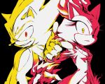  1boy 1girl black_background blaze_the_cat burning_blaze diamondx1704 forehead_jewel furry furry_female furry_male gloves highres pink_fur red_eyes simple_background sonic_(series) sonic_rush sonic_rush_adventure sonic_the_hedgehog super_sonic yellow_eyes yellow_fur 