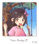  1girl aged_down aubrey_(faraway)_(omori) aubrey_(omori) black_eyes black_hair blue_sky blush bow closed_mouth dated day food food_in_mouth hair_bow happy_birthday long_hair looking_at_viewer omori outdoors pink_bow pink_shirt popsicle popsicle_in_mouth shirt short_sleeves sky solo sun_iiinu swing swing_set tree 