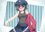  bare_shoulders black_hair blue_eyes blush breasts commentary hammer_(sunset_beach) hat looking_at_viewer medium_breasts miyako_yoshika off_shoulder ofuda open_mouth revision sad short_hair skirt solo star tank_top touhou wavy_mouth 