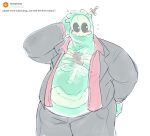  1boy alternate_costume bara big_belly colored_skin cowboy_shot doug_(monster_prom) fat fat_man flying_sweatdrops green_skin highres looking_to_the_side male_focus monster_boy monster_prom nifast_(greentail) object_through_head open_clothes open_shirt pale_color see-through short_shorts shorts slime_boy solo suit sword_in_head tareme 