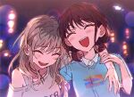  2girls arm_around_neck blue_shirt brown_hair closed_eyes collared_shirt commentary_request girls_band_cry grey_shirt hand_on_another&#039;s_wrist iseri_nina kawaragi_momoka multicolored_hair multiple_girls night off-shoulder_shirt off_shoulder open_mouth outdoors roots_(hair) roudo_(idolnoatm) shirt short_twintails smile twintails upper_body white_shirt 