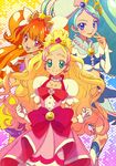  :d absurdres amanogawa_kirara amawa_kazuhiro aqua_eyes bare_shoulders blonde_hair blue_eyes blue_hair blush bow choker collarbone cure_flora cure_mermaid cure_twinkle earrings flower_earrings gloves go!_princess_precure gradient_hair hair_ornament hair_ribbon half_updo haruno_haruka highres jewelry kaidou_minami long_hair looking_at_viewer magical_girl midriff multicolored_hair multiple_girls open_mouth orange_hair pink_bow pink_hair pink_skirt ponytail precure puffy_short_sleeves puffy_sleeves purple_eyes purple_hair quad_tails ribbon seashell_earrings short_sleeves skirt smile star star_earrings streaked_hair thighhighs twintails two-tone_hair very_long_hair 