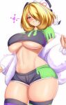  1girl anisdrawn blonde_hair blush bow breasts cosplay crop_top cynthia_(pokemon) grey_eyes grin hair_bow hair_over_one_eye hairband hands_up heart highres jacket jacket_on_shoulders klara_(pokemon) klara_(pokemon)_(cosplay) large_breasts midriff mole mole_under_mouth multicolored_clothes navel pokemon pokemon_dppt pokemon_swsh short_hair short_shorts shorts simple_background skindentation smile solo spoken_heart stomach thick_thighs thighhighs thighs underboob white_background 