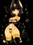  1girl animal_crossing animal_ears ankha_(animal_crossing) blush_stickers breasts cat_ears cat_tail cleavage egyptian_clothes hair_ornament highres large_breasts long_eyelashes scroll short_hair snake_hair_ornament striped_tail tail thick_thighs thighs uraeus usa37107692 