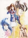  1980s_(style) 1boy 2girls big_west blue_eyes blue_hair brown_hair choujikuu_yousai_macross dual_persona hayase_misa highres ichijou_hikaru lynn_minmay macross mikimoto_haruhiko military military_uniform multiple_girls official_art production_art promotional_art prototype_design retro_artstyle salute scan science_fiction signature skirt swimsuit traditional_media u.n._spacy uniform 